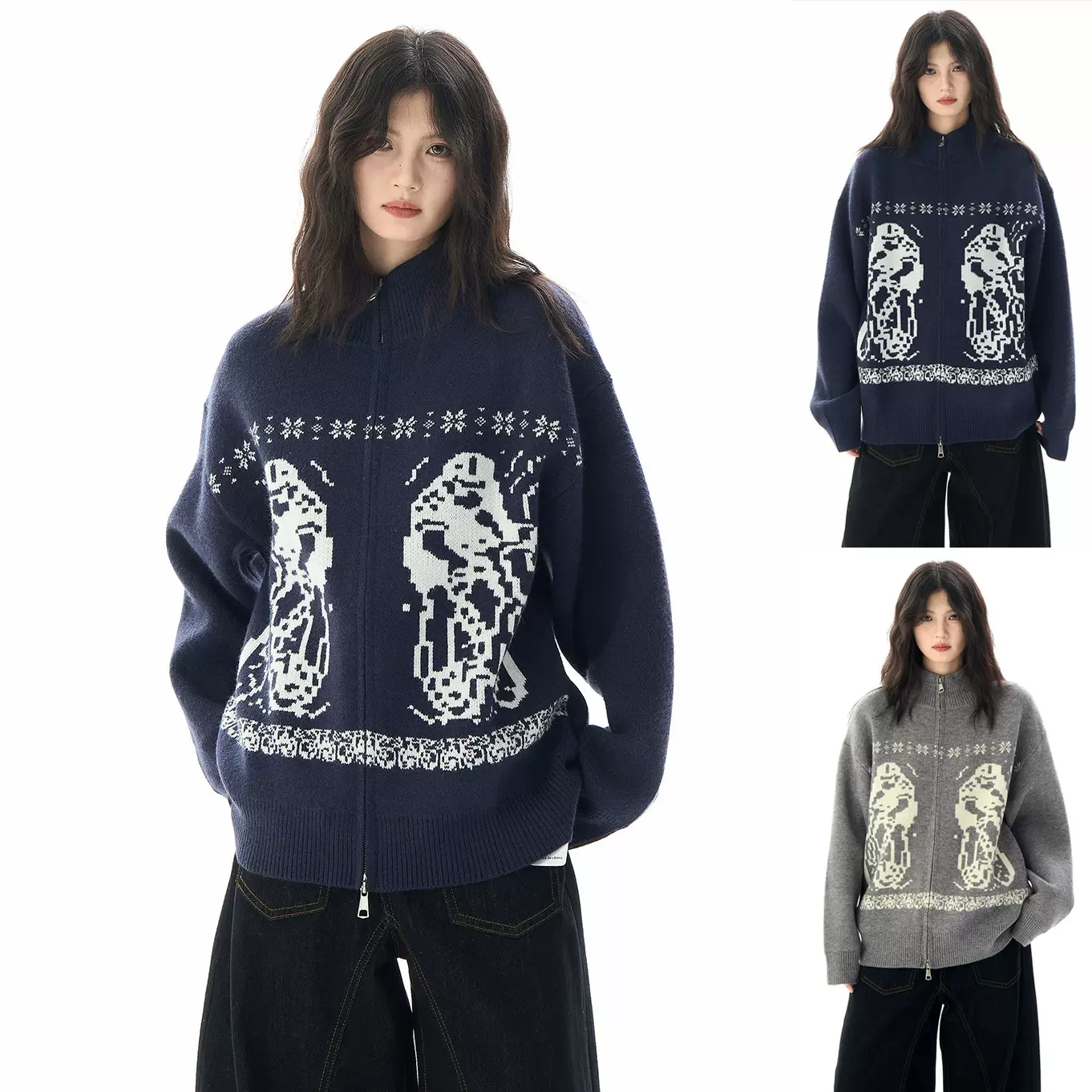 秋冬新款开衫针织衫毛衣女提花时尚短款潮牌保暖外套外贸跨境批发