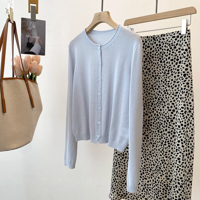 26 Spring and Summer New Products Tencel Cotton Korean Style Round Neck Rolled Edge Long-Sleeved Knitted Cardigan for Air-Conditioned Rooms V2501