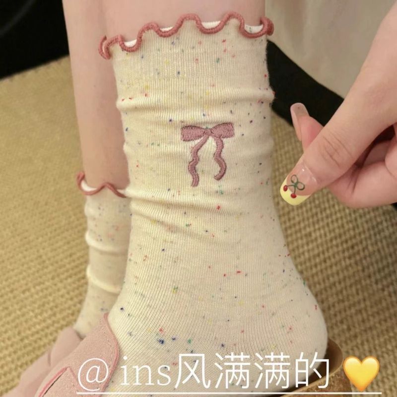 春夏の甘くて可愛い通気性のあるレースのリボン付きソックス、シンプルで万能なミッドカーフソックス|undefined