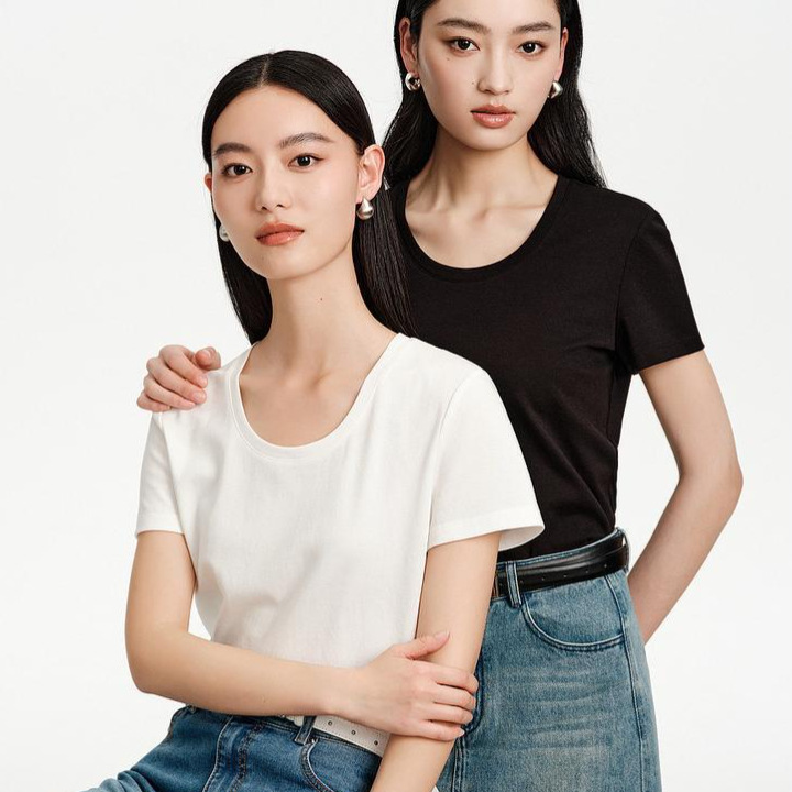 【No Returns or Exchanges】Cooling Technology Silky Acetate Mulberry Silk U-Neck T-Shirt, Slim Fit, Multi-Color Short-Sleeve Top