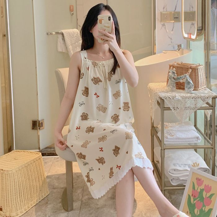 Venta al por mayor transfronteriza verano nuevo pijama camisón de tirantes para mujer encaje lindo estampado de dibujos animados espuma suave servicio a domicilio