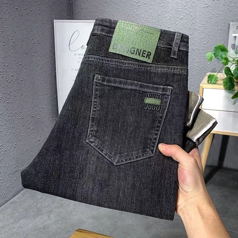 Spring and Autumn High-End Embroidered Straight-Leg Jeans for Men, Stretchy Slim-Fit New Casual Pants, Trendy Versatile Trousers