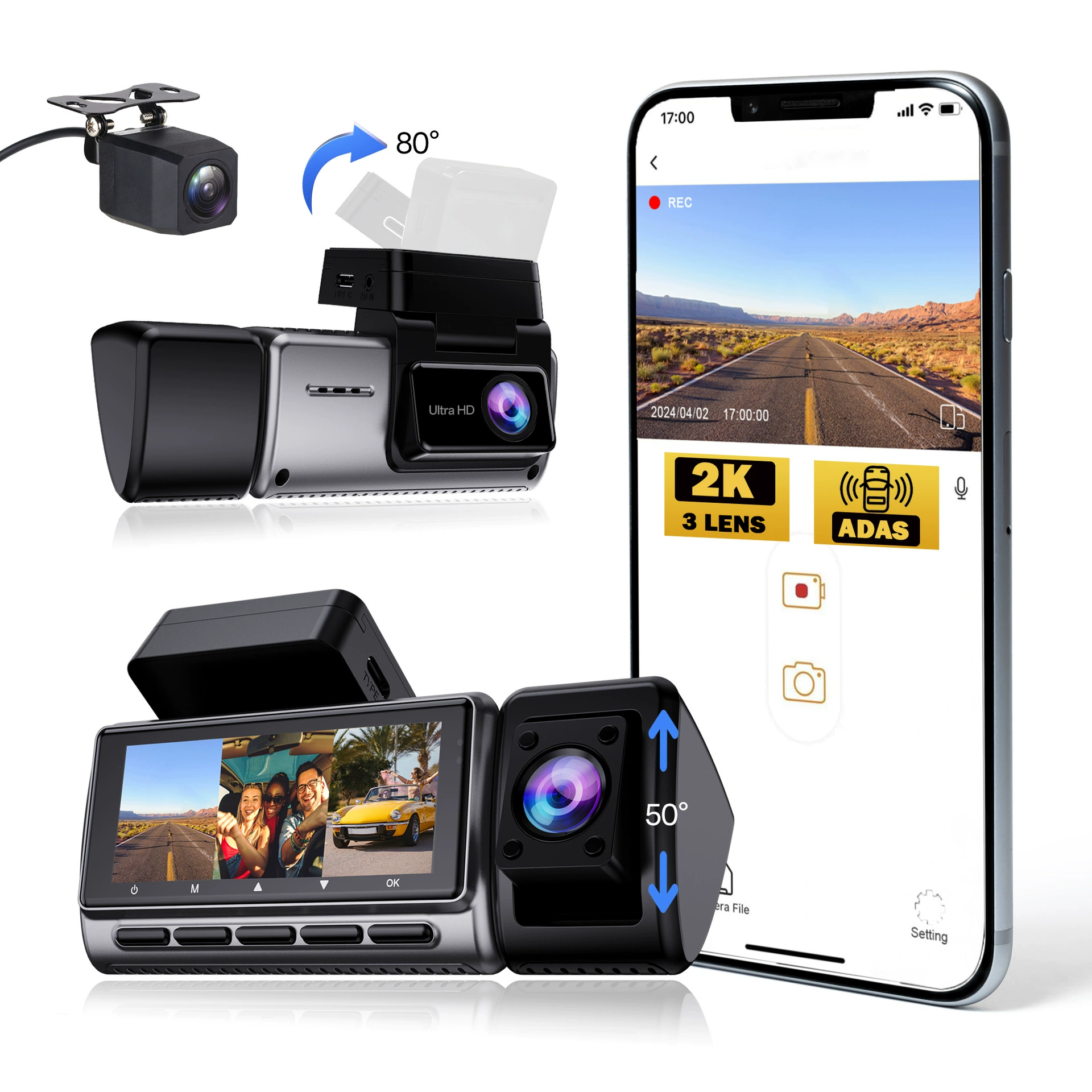 Трансграничный HD 3 объектива 3 записи 2K 1080 1080 1080 телефон подключен WiFi GPS 3 дороги видеорегистратор