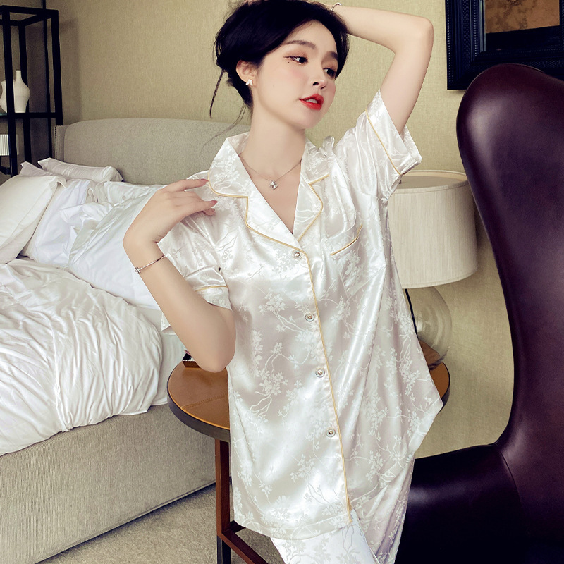 2026 Women's Summer Pajamas Ice Silk Cardigan Short-Sleeve Long Pants Blue Casual Women's Live-Stream Style High-End Ice Silk