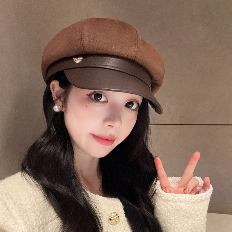 拼接皮檐贝雷帽子女秋冬季高级感显脸小鸭舌八角帽法式复古画家帽|undefined