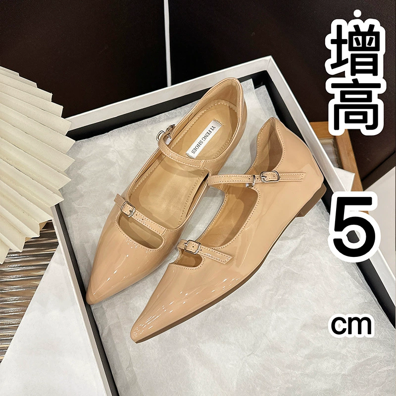 Французская лакированная кожа остроконечная одиночная обувь женская весна и осень 2025 новая светлая обувь темперамент увеличивается на 5 см плоская рабочая обувь