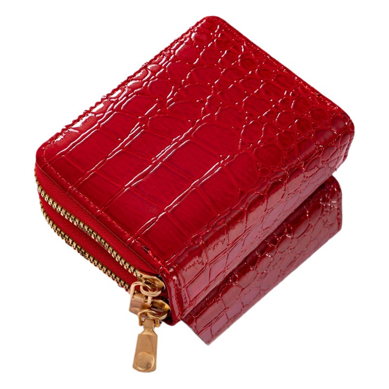 Patrón de cocodrilo transfronterizo, órgano de color sólido, tarjetero con doble cremallera, estuche para tarjetas múltiples de gran capacidad, monedero con cremallera, mujer