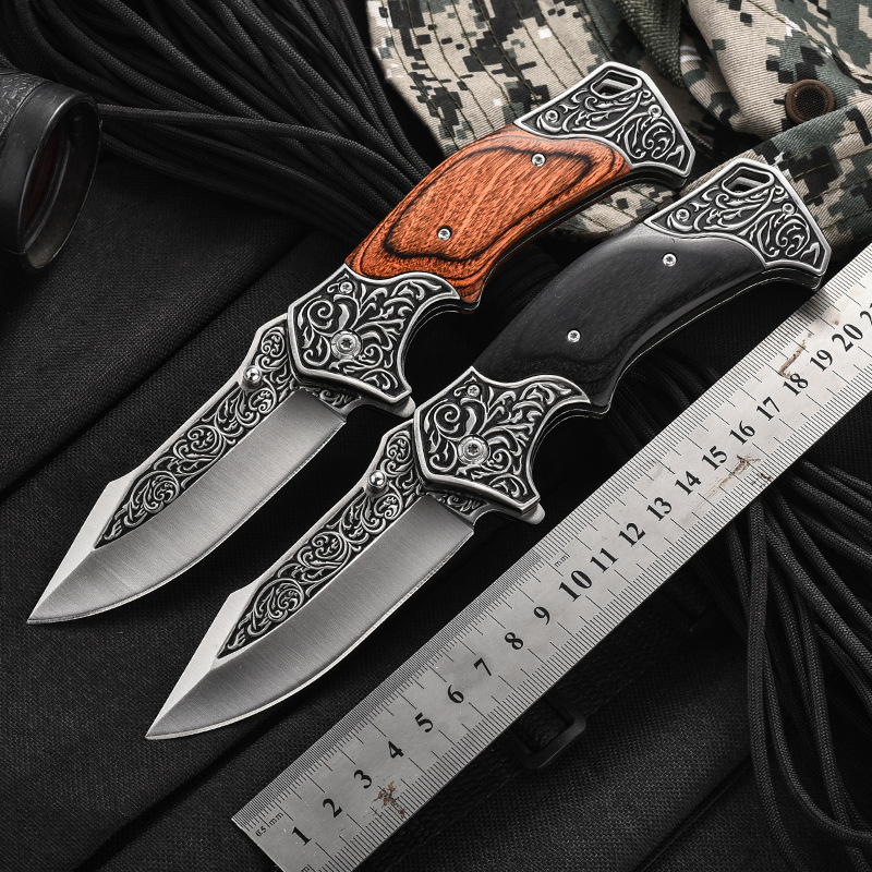 现货迷你户外野营求生高硬度多功能全钢扎花折刀野外生存折叠小刀