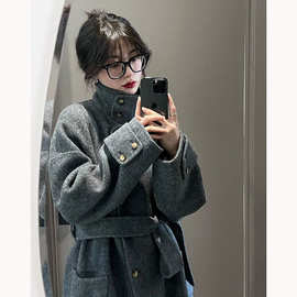 灰色毛呢大衣女秋冬季2025新款设计感外套呢子小个子中长款赫本风