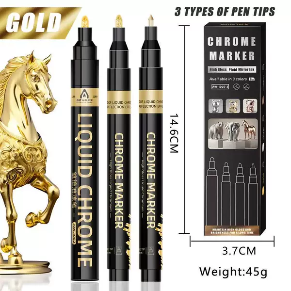 Gold, Silver, Copper, Chrome-Plated Paint Pen, Model Coloring Electroplating Paint Pen, Mirror Touch-Up Paint Marker Pen, Individually Packaged