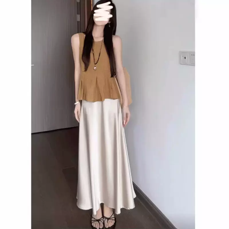 轻熟女休闲遮肚无袖背心上衣女缎面半身裙职场女性伞裙两件套套装