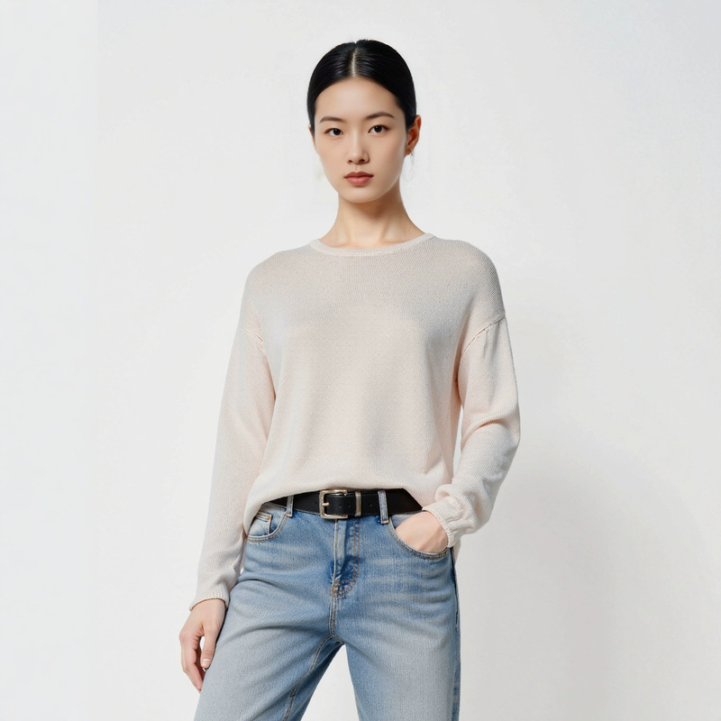 [Hengjia Hj] Casual and Elegant Japanese Paper Yarn Round Neck Pullover Knitwear Thin Loose Slimming Look Casual Top