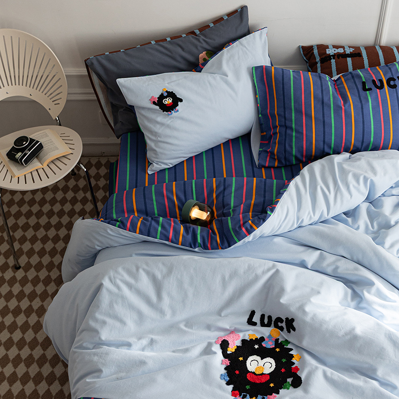 Cartoon Striped Plaid Brushed Cotton Four Piece Bedding Set_voghion.com