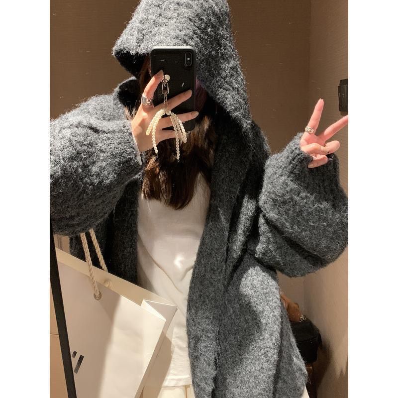 ZLA 灯笼袖连帽毛衣外套女秋冬新款宽松显瘦慵懒加厚针织开衫女|undefined