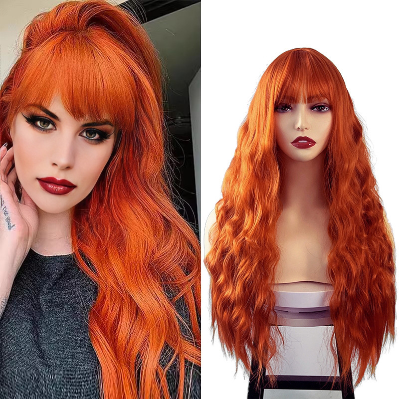 Cross-border e-commerce orange wig female long curly hair European and American fashion dyed long hair chemical fiber headgear factory supply wholesale Cross-border e-commerce orange wig female long curly hair European and American fashion dyed long hair chemical fiber headgear factory supply wholesale
