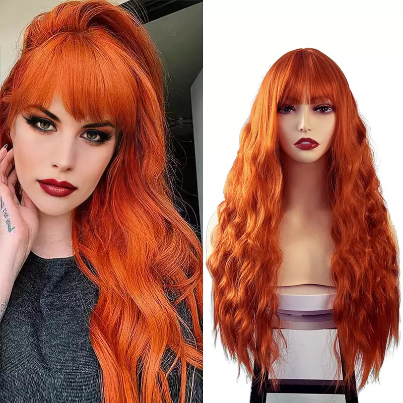 跨境电商橘色假发女长卷发欧美时尚染色长发化纤头套工厂货源批发