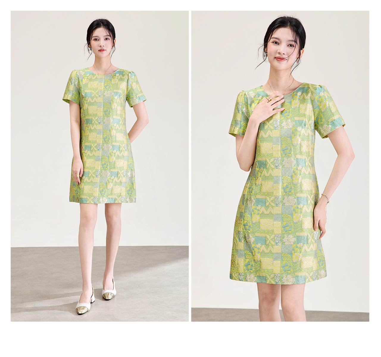 Đầm chữ A nữ jacquard họa tiết hoa nhí phong cách tiểu thư — màu hồng chi tiết 20