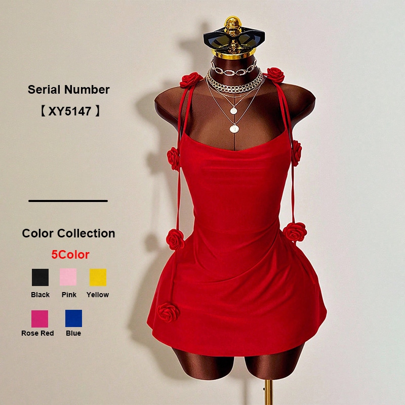 2026 Spring/Summer Knitted Dress Evening Gown European and American Style Three-Dimensional Floral Strap Dress Small Batch Custom Dress
