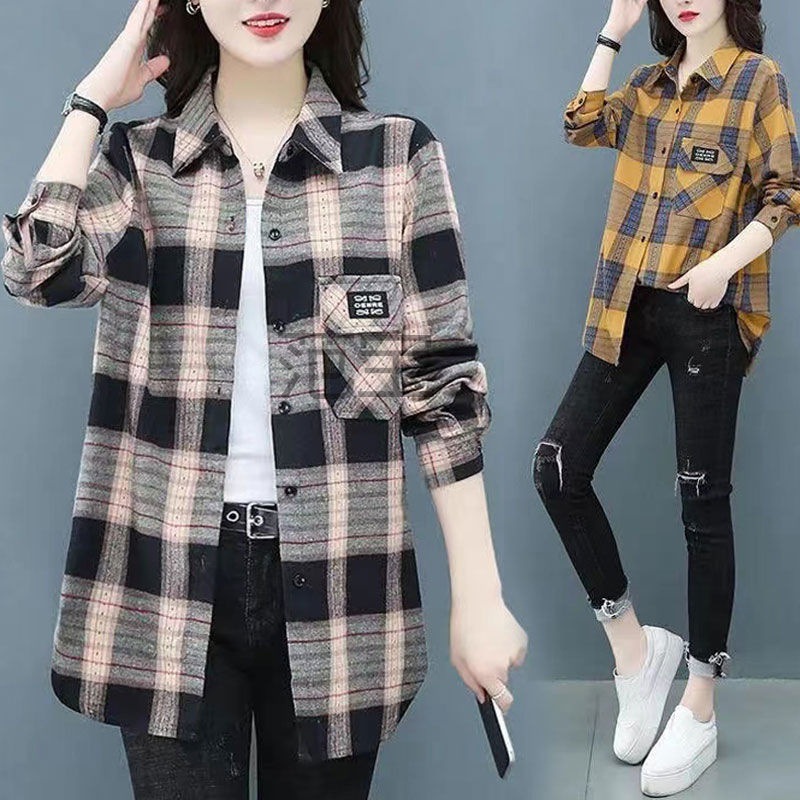 FB磨毛加厚毛呢格子衬衫女宽松中长款秋冬季新款港味百搭衬衣外套详情7