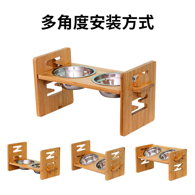 En stock bambú Pet Tazón estante solo Tazón doble tazón de fuente de alimentación de mascotas estante de madera estante de alimentos con acero inoxidable tazón