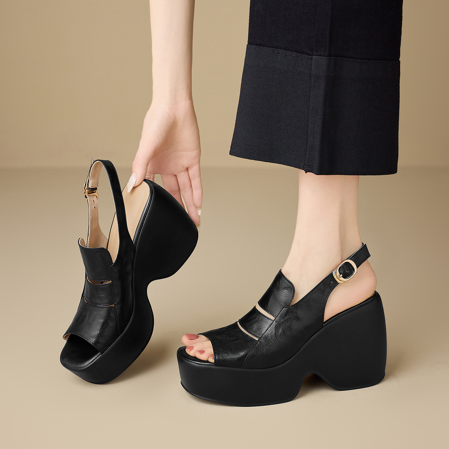 Sandal cao gót nữ đế xuồng mũi hở da cừu — màu đen, màu trắng ngà
