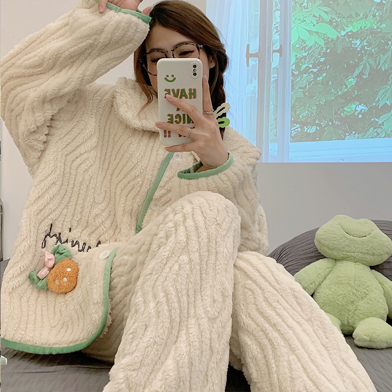 Felpa otoño y el invierno de manga larga franela chica pijamas coral fleece 2023 Internet popular Home wear engrosada traje