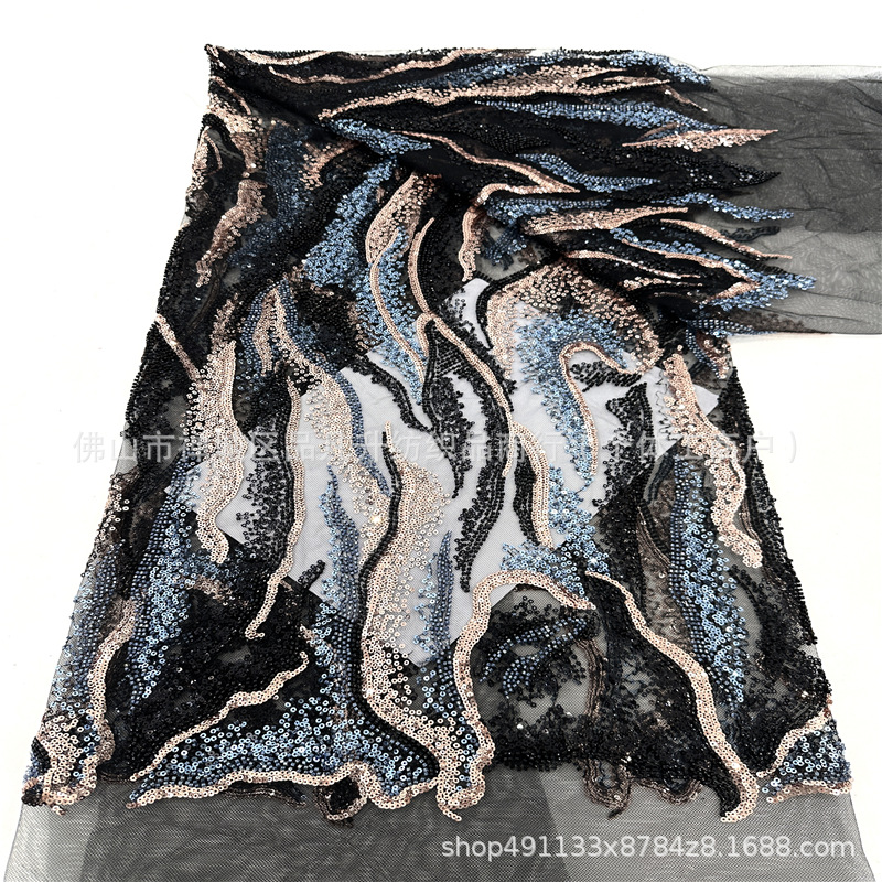 Tubo de perlas bordado sequinilla tela tela de malla de encaje industria pesada moda transfronteriza tela de vestido de boda
