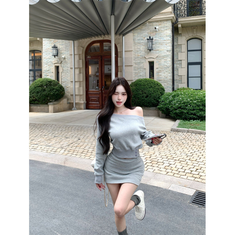 慵懒感美式辣妹气质设计感斜肩卫衣翻边包臀半裙套装女|undefined
