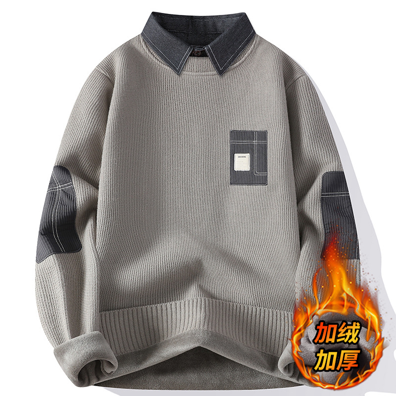 Men's Fleece Sweater, Winter Shirt Collar Knitwear, Men's Fake Two-Piece Inner Layering Shirt, Youth Pullover Knitwear