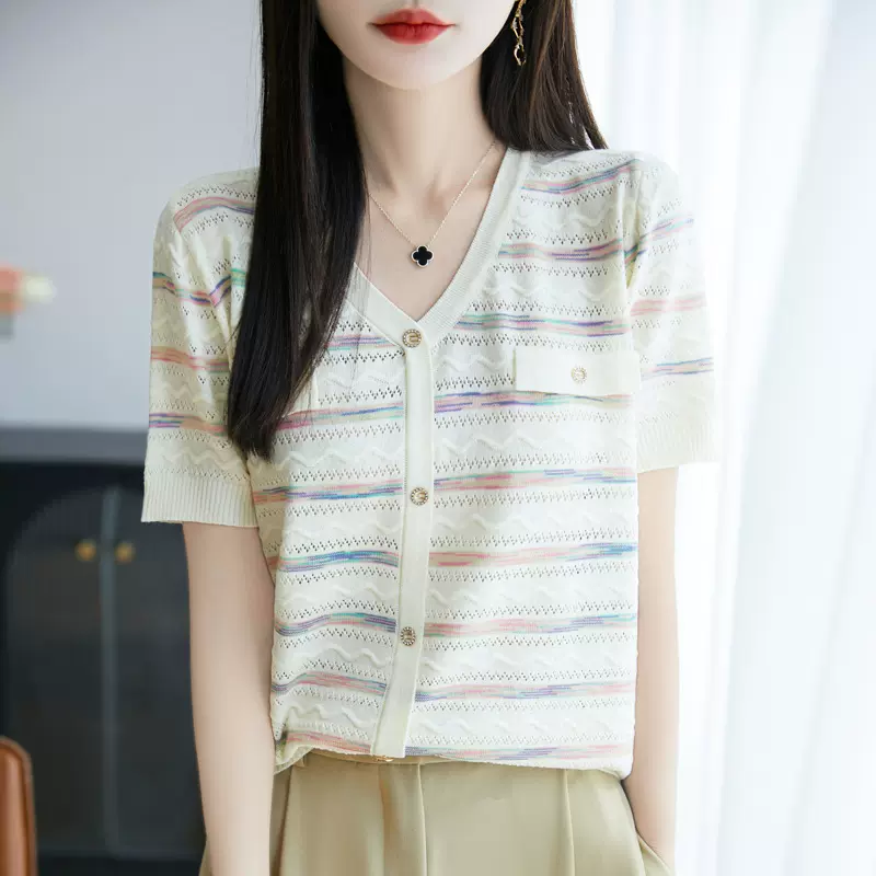 夏季新款25年条纹V领显瘦设计感小香风短袖针织衫女气质减龄上衣