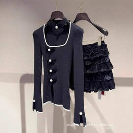 现货显瘦上衣女士冬2025秋季新款单排扣喇叭袖方领撞色修身针织衫