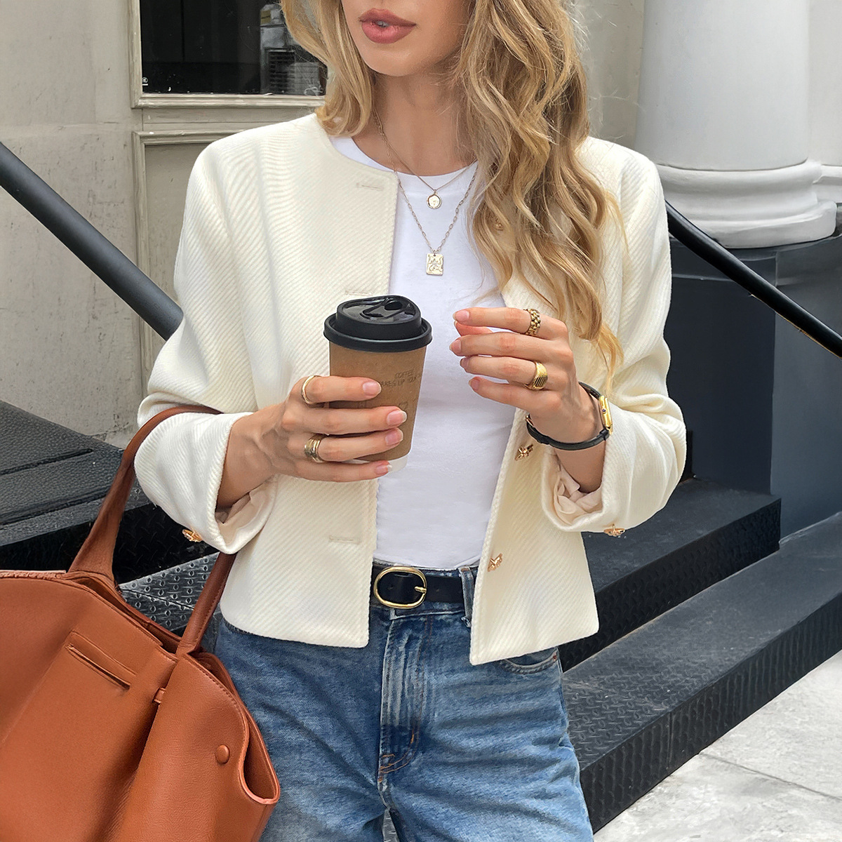 Women's Short Jacket Round Neck Top Spring Summer Outerwear_ecoleips.com