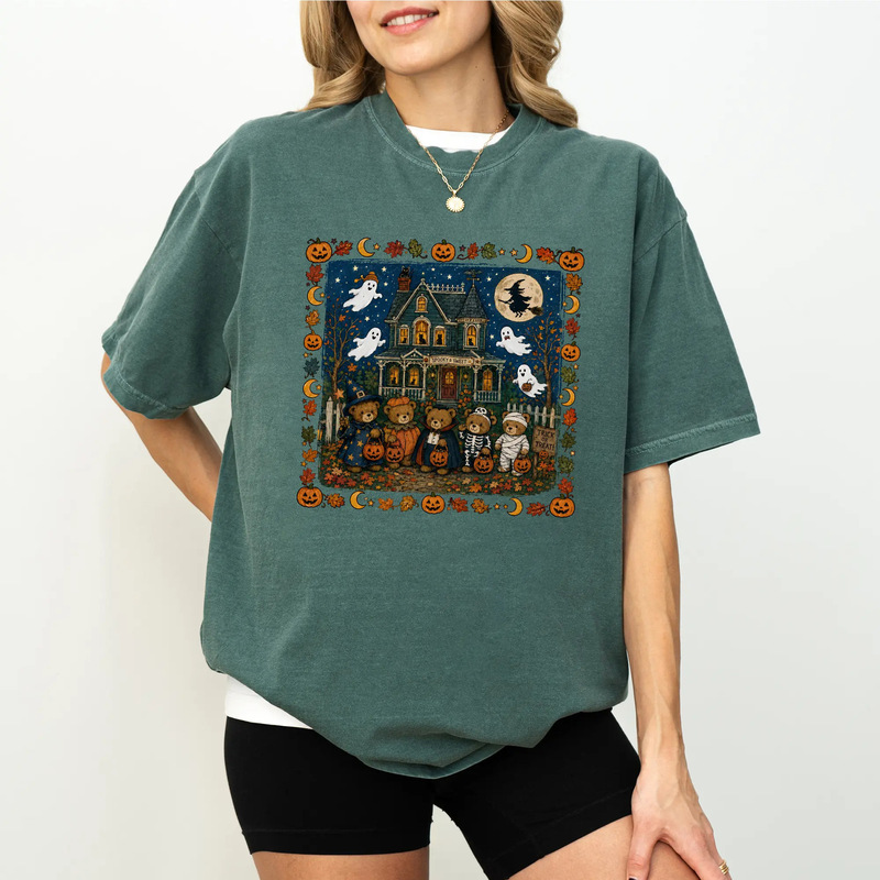 Cross-border pure cotton T-shirt, popular online, oversized 90s retro bear Halloween top for men and women Cross-border pure cotton T-shirt, popular online, oversized 90s retro bear Halloween top for men and women