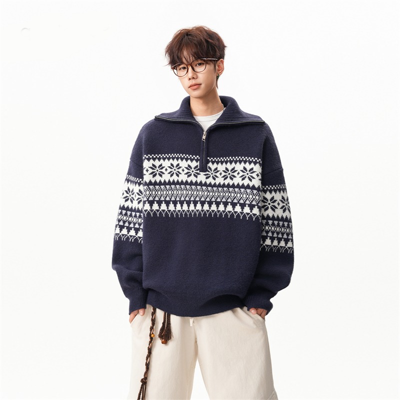费尔岛提花高领半拉链毛衣男女秋冬复古慵懒感百搭休闲针织衫外套