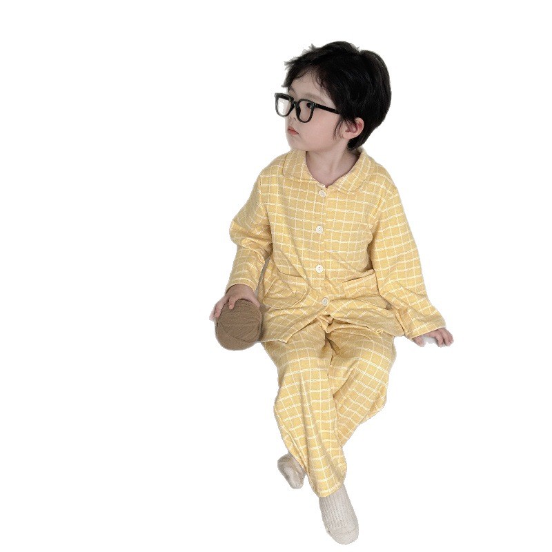 【布莱格德绒】儿童抗静电睡衣洋气开衫ins风格子家居服套装宝宝