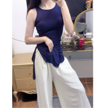 法式休闲套装夏季纯欲无袖不规则修身T恤女+垂感高腰阔腿裤两件套