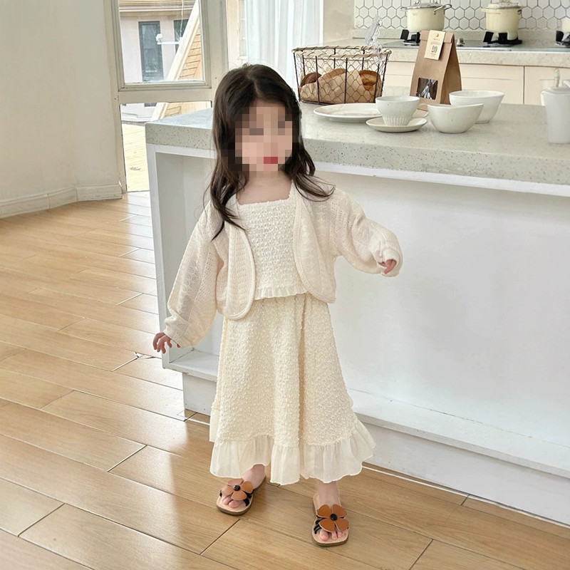 童装批发女童套装春季25新款儿童镂空针织外套吊带衫半身裙三件套