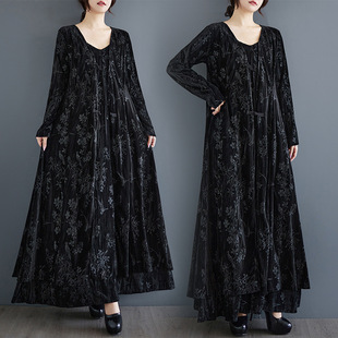 2024 Autumn New Retro Dark National Style Dark Jacquard Velvet Chinese Buckle Mid-length Coat