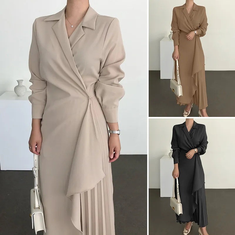 Women's Formal Elegant Shirt dress Vintage Long Solid Color Halter Dress Long Waist dress