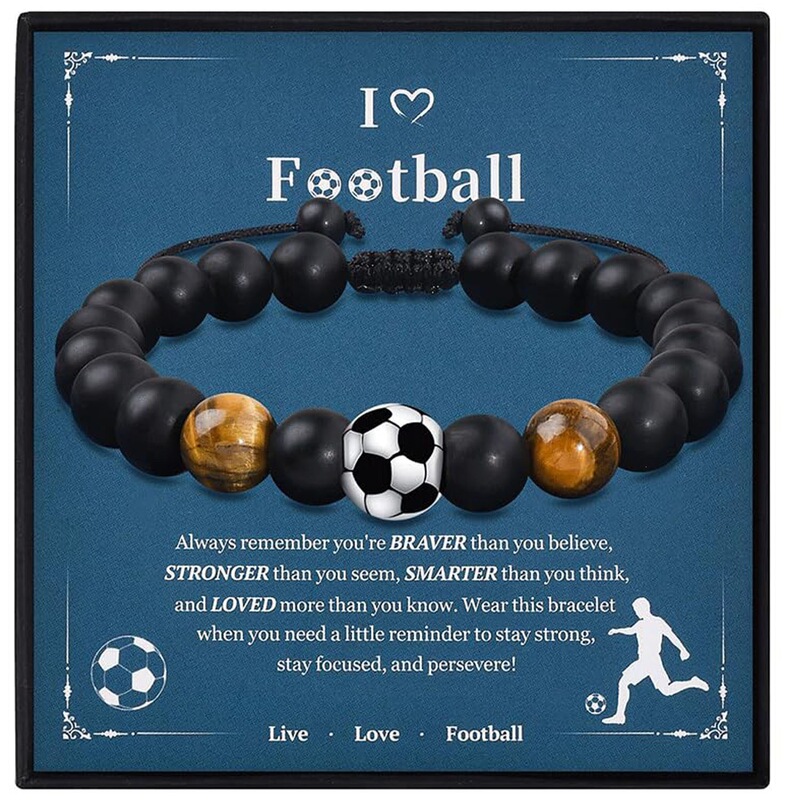 Men's Gift Sports Bracelet, Hand-Woven Alloy Football Tiger Eye Stone Bracelet, Football Black Matte Beaded Bracelet