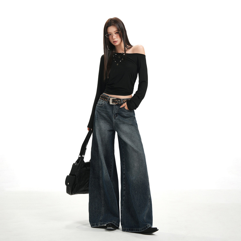 【Jinyin】New American-Style Washed Vintage Blue High-Waisted Loose Lazy Wide-Leg Straight Jeans for Women
