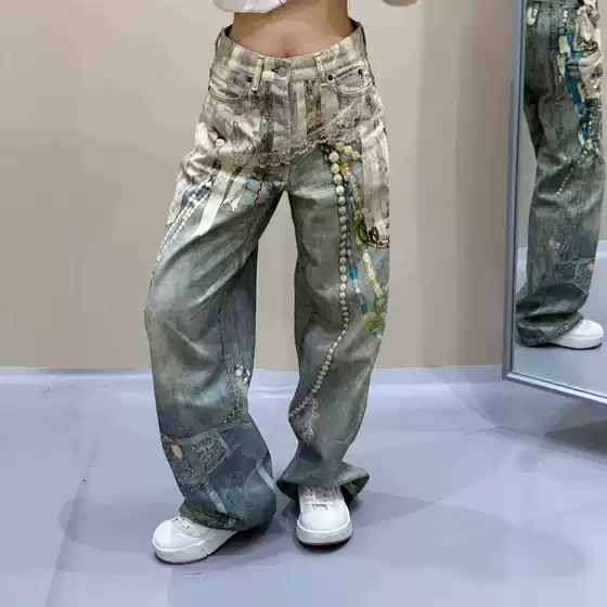 American New Fashion Brand Design 3D Printed Lace Pearl Chain Printed Distressed Jeans for Men and Women