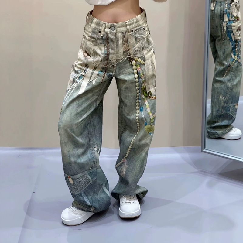 American New Fashion Brand Design 3D Printed Lace Pearl Chain Printed Distressed Jeans for Men and Women