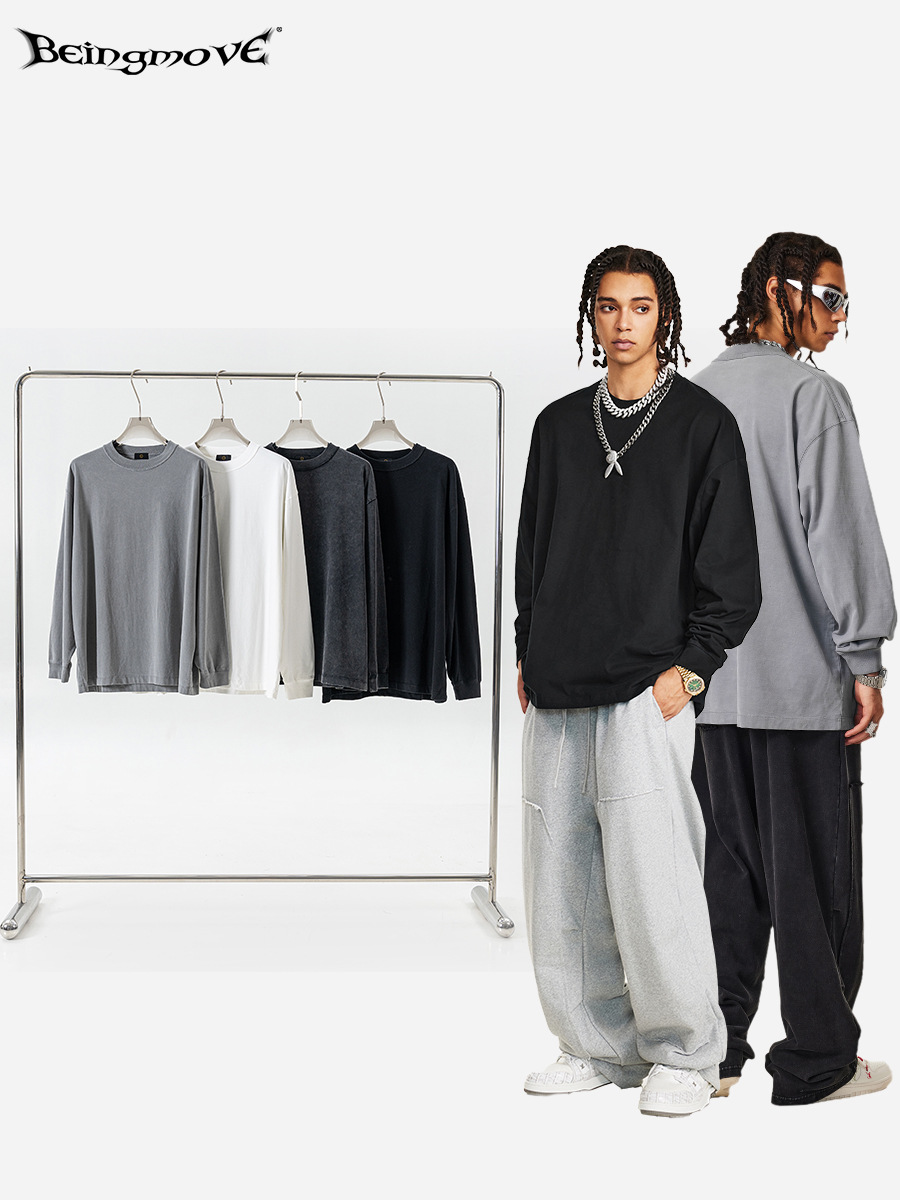 2025 otoño marca de moda retro calle lavado interior con camiseta de manga larga para hombre camiseta de base de color sólido comercio exterior