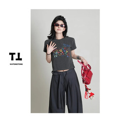 3323 # Wu Tongtong [ファンタジーバブル] ラウンドネック漫画プリント半袖 Tシャツレディース多用途ルーズ Tシャツ