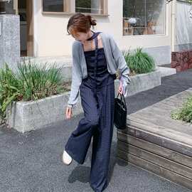 洋气时髦设计感复古格纹套装女2026春夏新款开衫吊带阔腿裤三件套