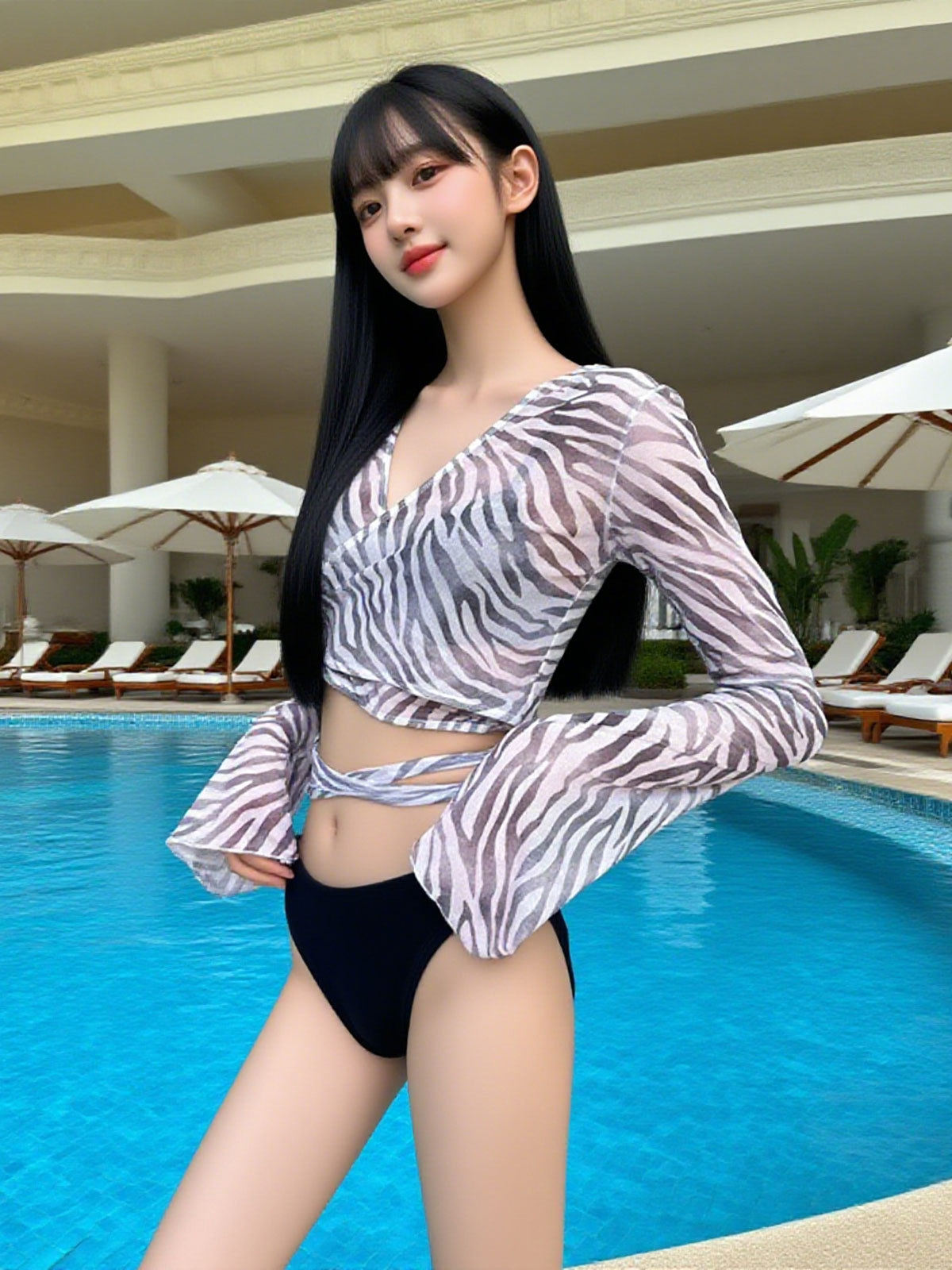 Bikini conservador de tres piezas, blusa de protección solar de manga larga a rayas de cebra, traje de baño dividido, traje de tres piezas para mujer, vacaciones en la isla