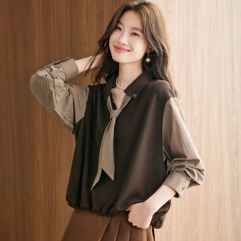 2026 New Spring and Autumn Bow Tie Shirt for Plus Size Women, Stylish and Age-Reducing, Loose Knit Patchwork Blouse for Women 2026 New Spring and Autumn Bow Tie Shirt for Plus Size Women, Stylish and Age-Reducing, Loose Knit Patchwork Blouse for Women
