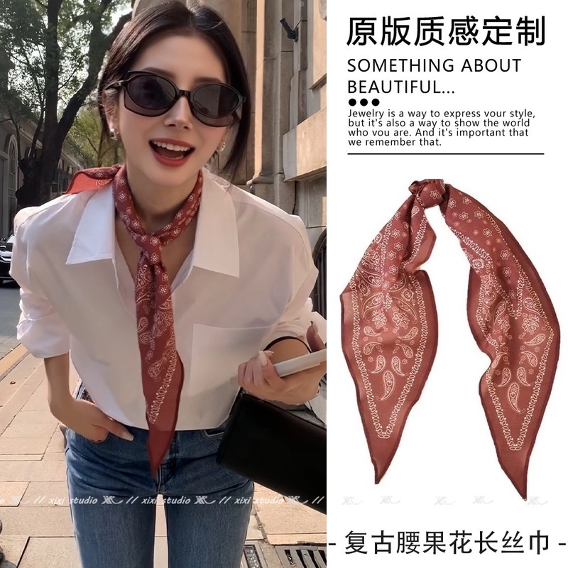 港风复古腰果花丝巾长条三角巾小巧菱形领巾优雅气质配饰薄款系脖|undefined