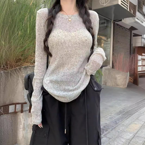 American-style semi-transparent sunscreen long-sleeve T-shirt for women, summer loose casual thin cover-up top, women's figure-flattering shirt